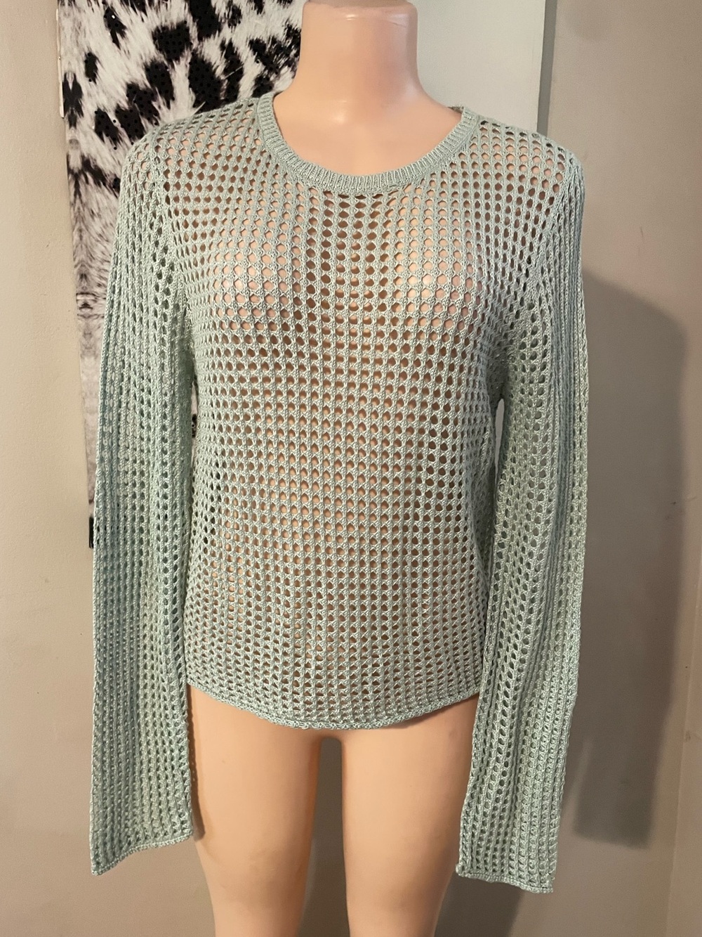 Everleigh Brooks EB Open knit crochet mesh sweater mint boho beach coverup Med